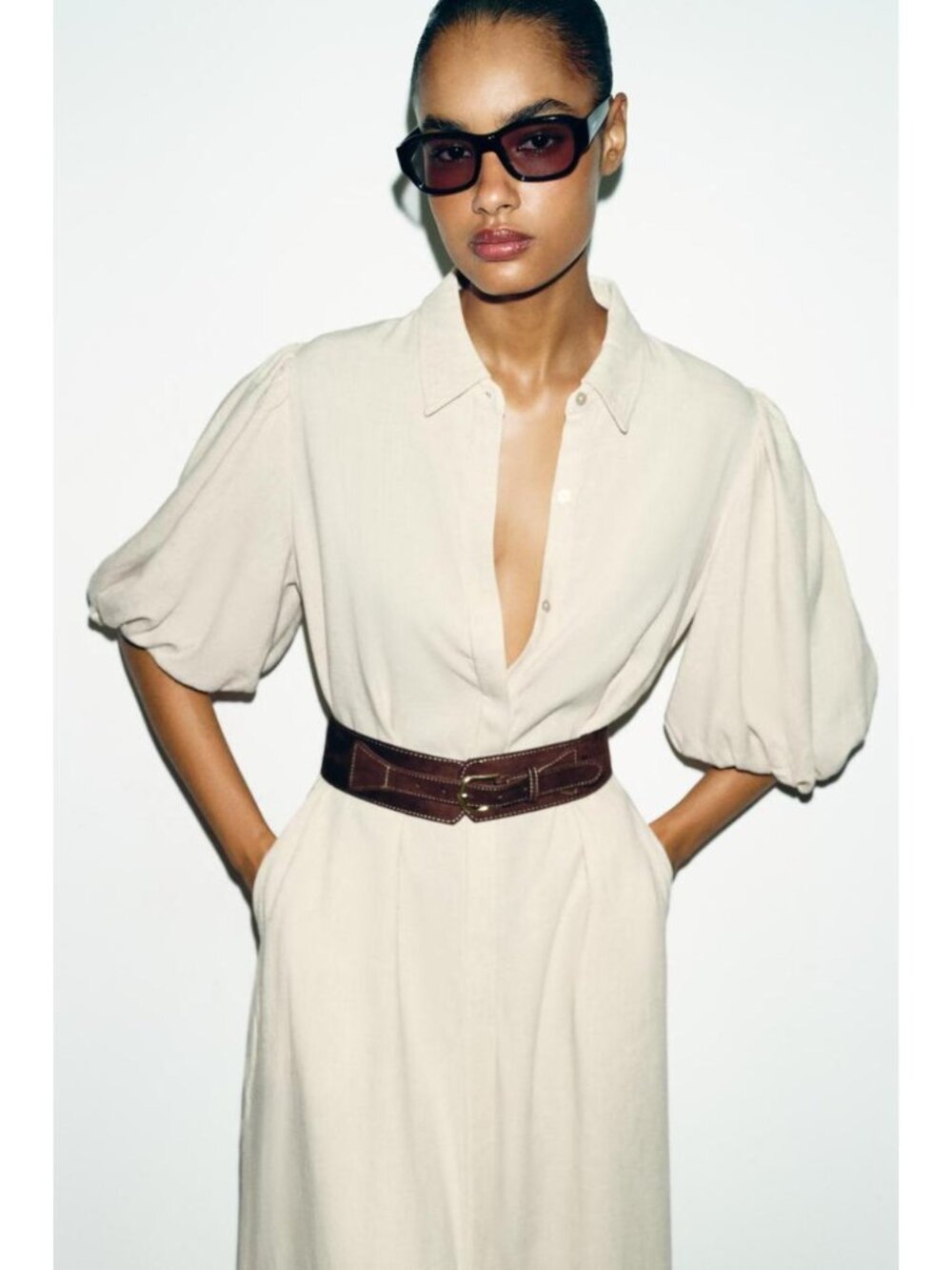 ZARA LINEN BLEND MIDI DRESS WITH BELT - Picture 1 of 9